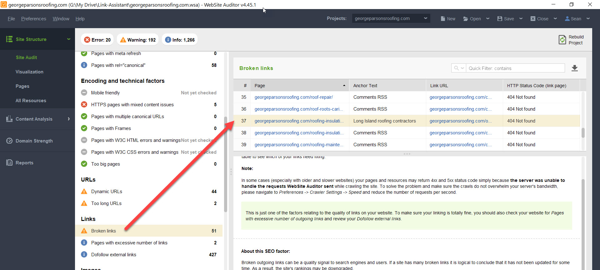 list of broken links in website auditor software by seo powersuite